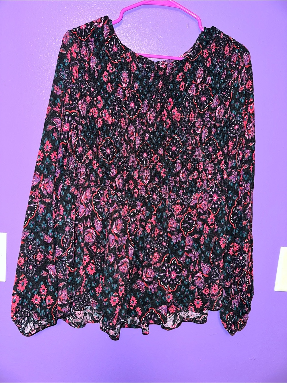 torrid Black Floral Smocked Peasant Blouse with Pink & Teal Accents